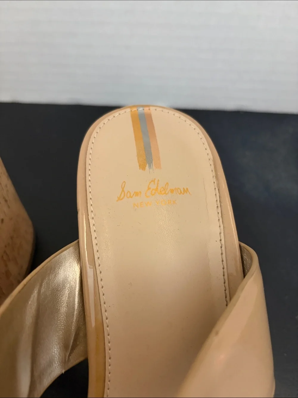 Sam Edelman Beige Patent Cork Wedge Thong Sandals with Gold Logo, Size 9